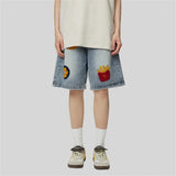 WIAOFELLAS  -  Denim Short Men Hip Hop Baggy Jeans Men Streetwear Vintage Y2K Harajuku Straight Gingerbread Man Appliques Washed Mens Shorts