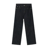 Wiaofellas  -  Men Korean Raw Denim Straight Jeans High Waist Loose Wide Leg Floor Length Trouser Vintage Baggy Streetwear Casual Daily Bottoms