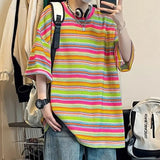 WIAOFELLAS  -  Summer Striped Print Men O Neck Short Sleeve T Shirt Rainbow Fashion Harajuku Casual Oversized Men Clothing Top Harajuku