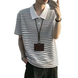 Wiaofellas  -  Red Striped Polo Shirt Short Sleeve Loose Fit Summer Slimming Turn Collar T-Shirt Premium Feeling Fitness Sport Sweatshirt