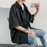 Wiaofellas  -  Told Tale Men's Wavy Grain Pleated Blouse Lapel Short Sleeve Streetwear Casual Male Loose Leisure Solid Shirts Men Clothing