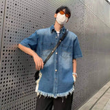 WIAOFELLAS  -  Vintage Men's Gradient Hole Burr Edge Denim Shirts Fashion Summer Short Sleeves Single-breasted Tops Male