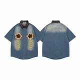 WIAOFELLAS  -  Flower Embroidery Short Sleeve Shirts Mens Summer Retro Streetwear Lapel Single Breasted Half-Sleeve Loose Shirts Cotton Tops