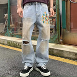 WIAOFELLAS  -  Washed Vintage Printed Men's Jeans Washed Street Personalised Trendy Dirty Loose Straight broken holes Wide Leg Men's Pants