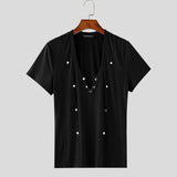 WIAOFELLAS  -  Men T Shirt Solid Color V Neck Short Sleeve Button Skinny Casual Male Tee Tops Streetwear Summer Fashion Camisetas
