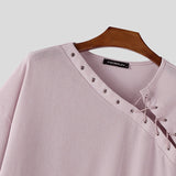 WIAOFELLAS  -  Men T Shirt Solid Short Sleeve Drawstring Lace Up Loose Male Tee Tops Streetwear Summer 2025 Korean Style Men Clothing