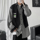 WIAOFELLAS  -  Fake Two-piece Plaid Spliced   long-sleeved Shirt Loose Design Men's Casual Hong Kong Style Jacket Spring and Autumn New Style