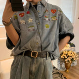 WIAOFELLAS  -  Japanese Fashion Retro Distressed Washed Denim Shirt Korean Version Summer New Vintage Couple Tops Short Sleeves Aesthetic