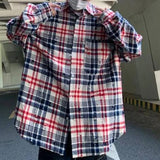 Wiaofellas  -  Streetwear Retro Plaid Printed Turn Down Collar Oversize Shirts Fashion Long Sleeve New Autumn Cardigan Fashion Hole Style Top