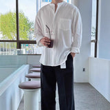Wiaofellas  -  New Men's Stand Collar Linen Cotton Wrinkle Shirt Lazy Slim Fit Long Sleeve Sun Protection Cardigan Breathable Work Shirt