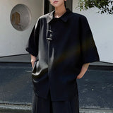 WIAOFELLAS  -  Chinese Style Ice Silk Short Sleeved Shirts Men's Metal Buckle Solid Color Lapel Oblique Placket Male Loose Cloth