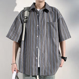 Men's Casual Breathable Short Sleeve Shirt Vertical Stripe Color-Block Lapel Relaxed Fit Trendy Summer Style Top