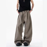 WIAOFELLAS  -  Old Qian style pleated wide-leg pants versatile body three-dimensional belt straight-leg pants men's trousers trousers