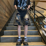 WIAOFELLAS  -  Mens Denim Shorts Ripped Trendy Y2k Lightning Pattern Shorts High Street American Style Versatile Retro Shorts Thin Summer