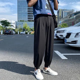 Wiaofellas  -  Trendy Ice Silk Cuffed Trousers Men's Summer Casual Loose Fit Sporty Straight Leg Pants Harajuku Style mid Waist Pocket Detail