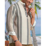 WIAOFELLAS  -  New Casual Beach Breathable Shirt Men Leisure Long Sleeve Buttoned Stripe Splicing Color Loose Tops Mens Cotton Linen Shirts