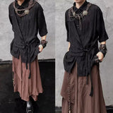 Wiaofellas  -  Vintage Men Dark Style  Out Short Sleeve Shirt Vintage Lace Up Design Style Casual Tops Streetwear Retro Cleanfit Fashion Trend