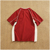 WIAOFELLAS  -  Athleisure style V-neck short-sleeved T-shirt male couple pure cotton color splicing summer fashion half sleeve base T