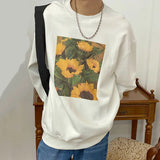 Wiaofellas  -  Sunflower Loose Print Crew Neck Slim Pullover Sweatshirts New Spring Korean Style Oversized Tops Male Casual 2Y2134