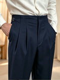 Wiaofellas  -  Autumn Winter Men Beige Solid Neapolitan Pleated High Waist Wide Leg Suit Trousers, Button Detail Light Business Pants for Commu