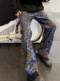 Wiaofellas  -  American Blue Leopard Vintage Print Jeans Autumn High Streetwear Style Pants Straight Fashion Casual New Retro Jeans Loose