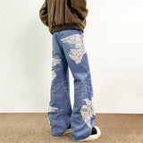 WIAOFELLAS  -  Autumn Men's Dove Of Peace Appliques Embroidered Jeans New Y2K Vintage Straight Baggy Denim Pants Washed Streetwear Blue Jean