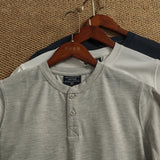 Wiaofellas  -  Summer New American Retro Short Sleeve Henry Collar Solid Color T-shirt Men's Simple 71% Cotton Washed Casual Loose Tops