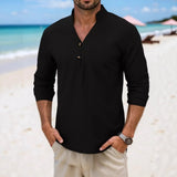 Wiaofellas  -  Men's Japanese Style Casual Linen Shirt Stand Collar Half Placket Long Sleeve Breathable Tops for Spring Autumn Daily Commute