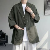 WIAOFELLAS  -  Niche Design Men's Shirts V-neck Solid Color Button Desig Ice Silk Big Pocket Casual Male Tops Summer Menswear