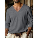 Wiaofellas  -  Autumn New Men's Plaid Pattern Jacquard Fabric V-neck Casual Sports Off-shoulder Sleeve Long-sleeved T-shirt