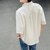 WIAOFELLAS  -  Men's Oversized Striped Casual Shirt - Korean Fashion Trend Short Sleeve Button-Down Collared Top  Stylish Layered Streetwear