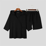 WIAOFELLAS  -  Summer Cotton Linen Suit Men's Solid Short-Sleeve Irregular Hoodie V-Neck T-shirt ShortsTwo Piece Sets Vintage Loose Home Suits