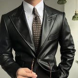 Wiaofellas - Single-breasted Lapel Leather Jacket Leather Blazer Jacket Men Black Leather Coat Casual Korean Chaquetas Hombre Motorrad Blazer