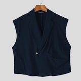 WIAOFELLAS  -  Men Vests Solid Color Lapel Sleeveless Loose One Button Male Waistcoats Streetwear 2025 Casual Fashion Crop Vests Men