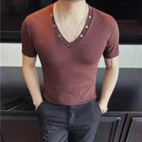 Wiaofellas  -  Spring Summer V-neck Short Sleeved T-shirt for Men Rivet Decoration High Elasticity Knitted T-shirts Slim Fit Casual Base Shirt