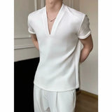 Wiaofellas  -  Korean Fashion V-neck T-shirt for Men Summer Short Sleeve Casual T-shirts Solid Color Versatile Business Social T-shirts M-5XL