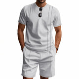 Wiaofellas  -  Men's Waffle Knit 2 Piece Outfits Casual Short Sleeve T Shirt and Shorts Set