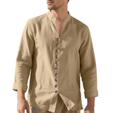 Wiaofellas  -  Spring and Autumn New Style Shirt Long Sleeve Men's Casual Retro Lapel French Henry Collar Single Breasted T-shirt