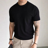 Wiaofellas  -  Summer New Men's Cool Breathable Knit T Shirt  Slim Fit Mock Neck Short Sleeve Casual Workwear Top