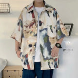 Wiaofellas  -  Retro Oil Painting Printed Short-sleeved Shirt Men's Trendy Street Loose Lazy Style Top