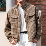 WIAOFELLAS  -  Men's Minimalist Houndstooth Jacket- Brown Vintage Collar (Black/Coffee) M-5XL | Old Money Style | Lightweight Stand Collar Coat