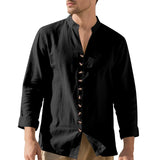 Wiaofellas  -  Spring and Autumn New Style Shirt Long Sleeve Men's Casual Retro Lapel French Henry Collar Single Breasted T-shirt