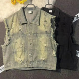 WIAOFELLAS  -  vestRetro Washed Raw Edge Ripped Denim Vest Mens American High Street Fashion Trend Casual Loose Sleeveless Waistcoat Y2k Jacket