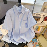 Wiaofellas  -  Loose Fit Men's Striped Shirt Short Sleeve Polo Neck Button Detail Daily Wear Summer Fashionable Versatile Polyester Shirt