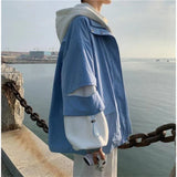 WIAOFELLAS  -  Autumn Winter New Fashion Hooded Long Sleeve Solid Jackets Men's Clothing Pocket Korean Trend All-match Fake Two Pieces Chic Top