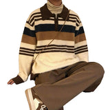 Wiaofellas  -  Autumn Men Knitted Maillard Polo Sweater Long Sleeve Striped Patchwork Lapel Pullover Trendy Light Luxury Korean Style Knitwear