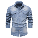 WIAOFELLAS  -  Spring Long Sleeved Men's Denim Shirt, High-quality Cotton Stretch, Fashionable, Casual, Slim Fit, Streetwear, Commuting Shirt