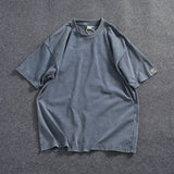 WIAOFELLAS  -  Heavy washing process short sleeve T-shirt men's American fashion loose off shoulder sleeve heavy round neck cotton solid color