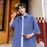 WIAOFELLAS  -  Trendy Men's Plaid Spliced Pocket Short Sleeve Loose Shirts Fashion Summer Lapel Single-breasted Blouses Male