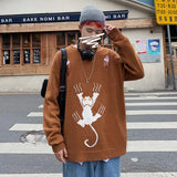 WIAOFELLAS  -  Ripped Pullovers Men Cat-Printed Teens Personality Streetwear Design Baggy All-match Cool Students Unisex Clothing Sweater Male